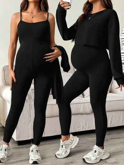 Maternity 2 Piece Set - Solid Color Drop Shoulder Long Sleeve Tee and Jumpsuit Casual, Black