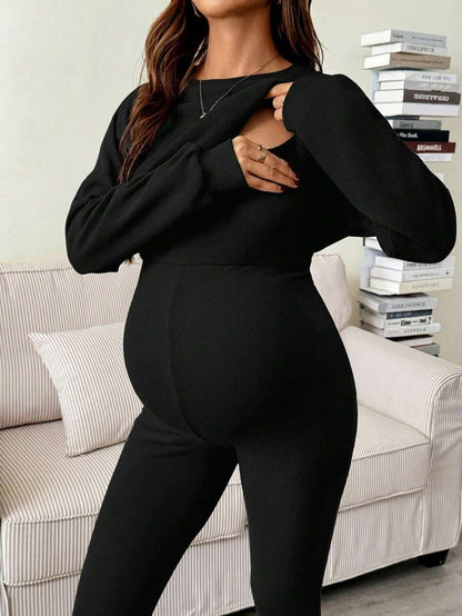 Maternity 2 Piece Set - Solid Color Drop Shoulder Long Sleeve Tee and Jumpsuit Casual, Black