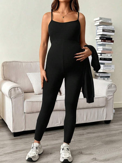 Maternity 2 Piece Set - Solid Color Drop Shoulder Long Sleeve Tee and Jumpsuit Casual, Black