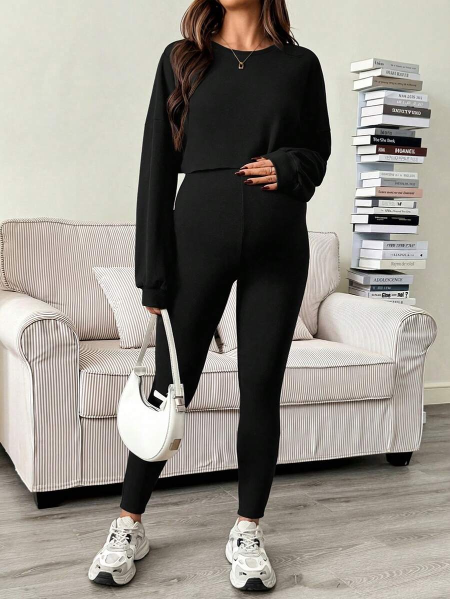 Maternity 2 Piece Set - Solid Color Drop Shoulder Long Sleeve Tee and Jumpsuit Casual, Black