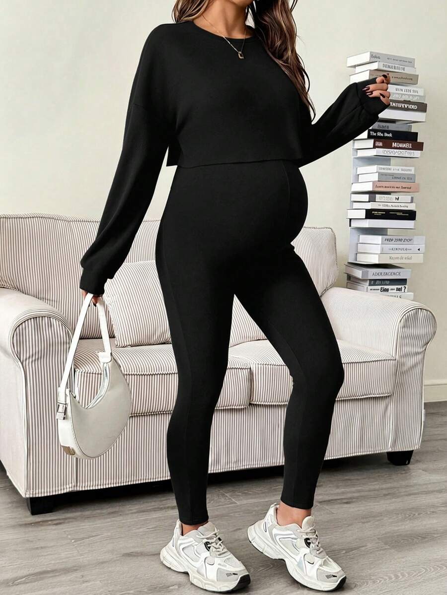 Maternity 2 Piece Set - Solid Color Drop Shoulder Long Sleeve Tee and Jumpsuit Casual, Black