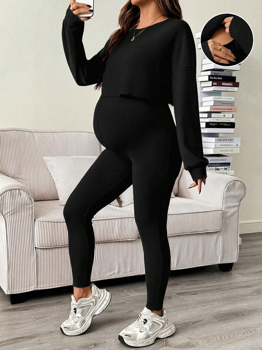 Maternity 2 Piece Set - Solid Color Drop Shoulder Long Sleeve Tee and Jumpsuit Casual, Black