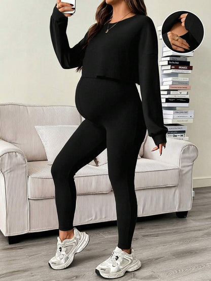 Maternity 2 Piece Set - Solid Color Drop Shoulder Long Sleeve Tee and Jumpsuit Casual, Black