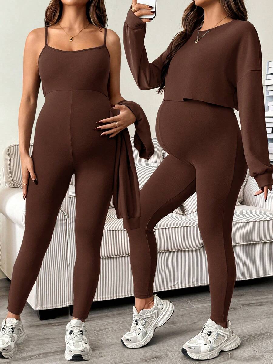Maternity 2 Piece Set - Solid Color Drop Shoulder Long Sleeve Tee and Jumpsuit Casual, Black
