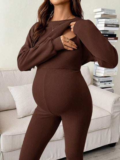 Maternity 2 Piece Set - Solid Color Drop Shoulder Long Sleeve Tee and Jumpsuit Casual, Black