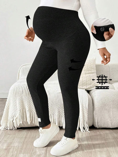 Plus Size Ribbed Knit Ultra High Waist Maternity Leggings - Slim Fit Office Commute Pants