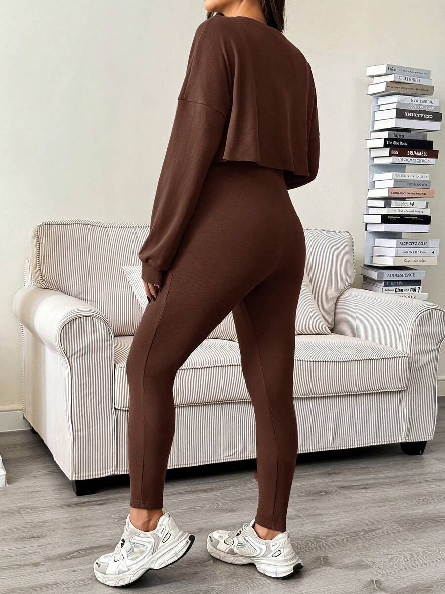 Maternity 2 Piece Set - Solid Color Drop Shoulder Long Sleeve Tee and Jumpsuit Casual, Black