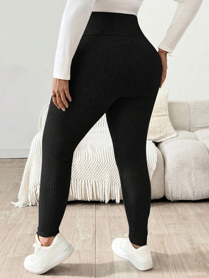 Plus Size Ribbed Knit Ultra High Waist Maternity Leggings - Adjustable Slim Fit Office Pants