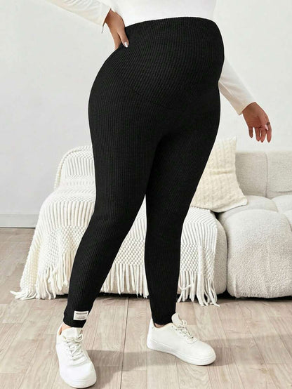 Plus Size Ribbed Knit Ultra High Waist Maternity Leggings - Slim Fit Office Commute Pants