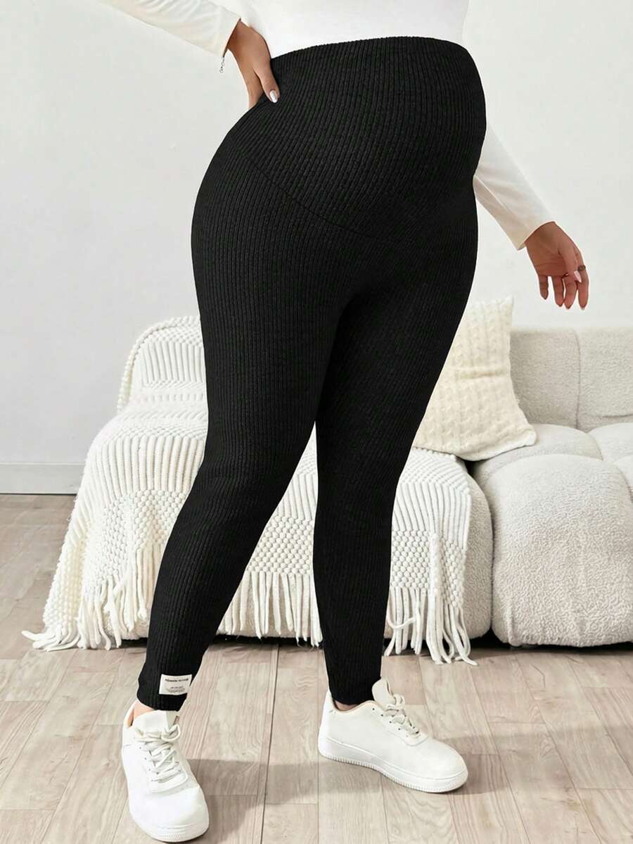 Plus Size Ribbed Knit Ultra High Waist Maternity Leggings - Adjustable Slim Fit Office Pants