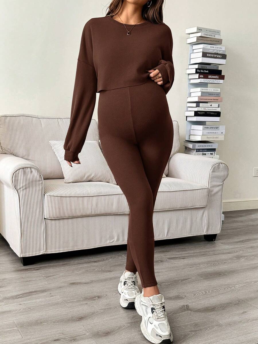 Maternity 2 Piece Set - Solid Color Drop Shoulder Long Sleeve Tee and Jumpsuit Casual, Black