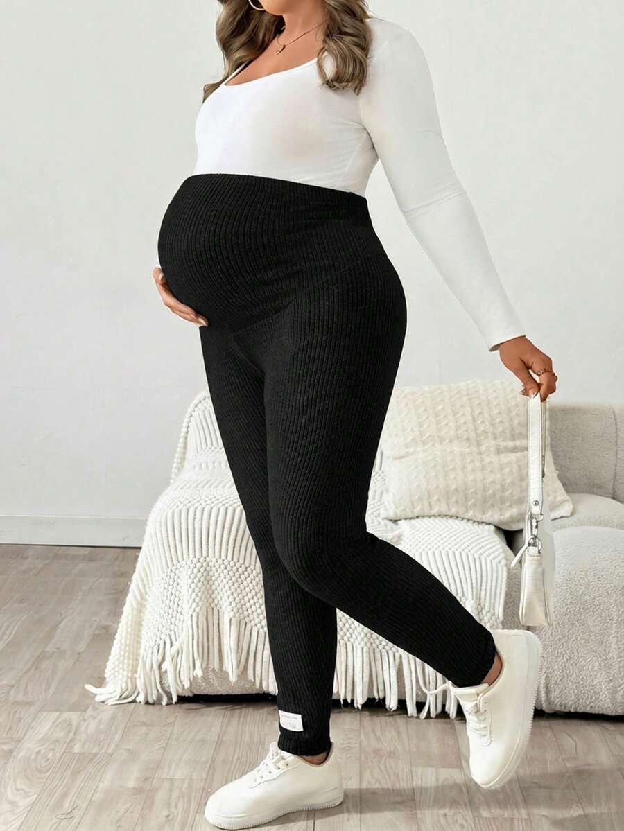 Plus Size Ribbed Knit Ultra High Waist Maternity Leggings - Adjustable Slim Fit Office Pants
