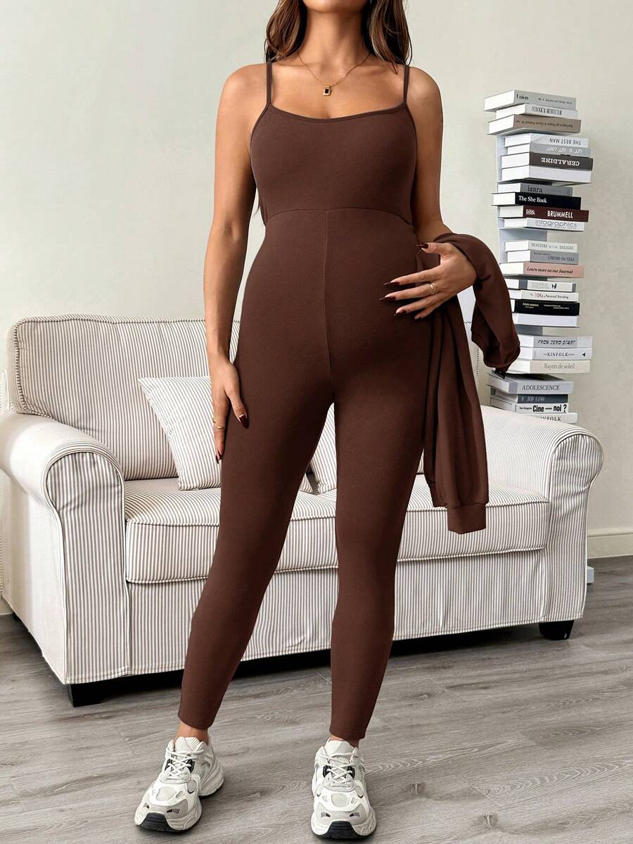 Maternity 2 Piece Set - Solid Color Drop Shoulder Long Sleeve Tee and Jumpsuit Casual, Black