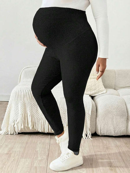 Plus Size Ribbed Knit Ultra High Waist Maternity Leggings - Slim Fit Office Commute Pants