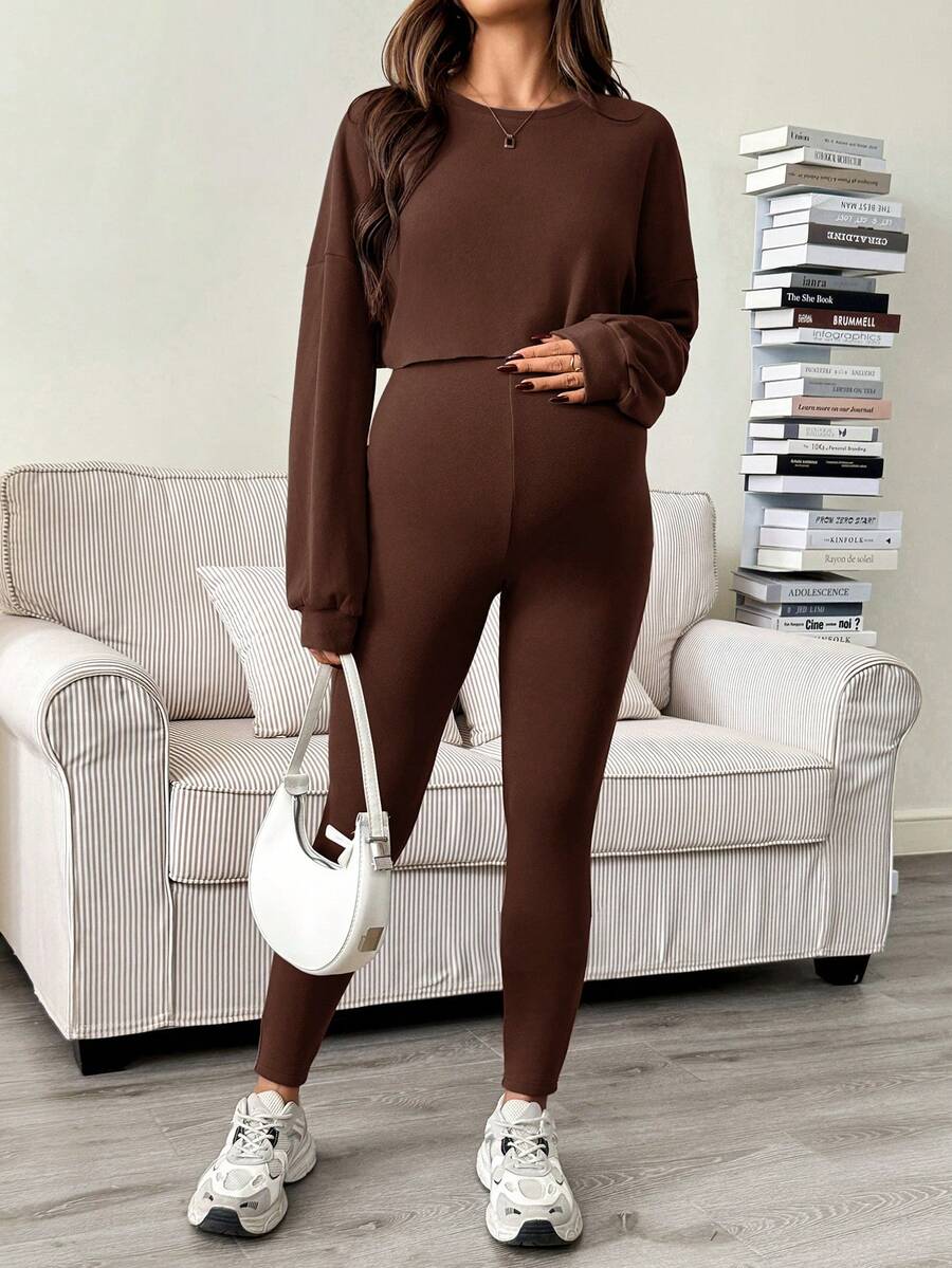 Maternity 2 Piece Set - Solid Color Drop Shoulder Long Sleeve Tee and Jumpsuit Casual, Black