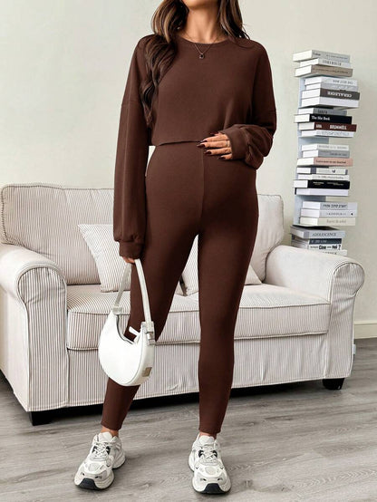 Maternity 2 Piece Set - Solid Color Drop Shoulder Long Sleeve Tee and Jumpsuit Casual, Black