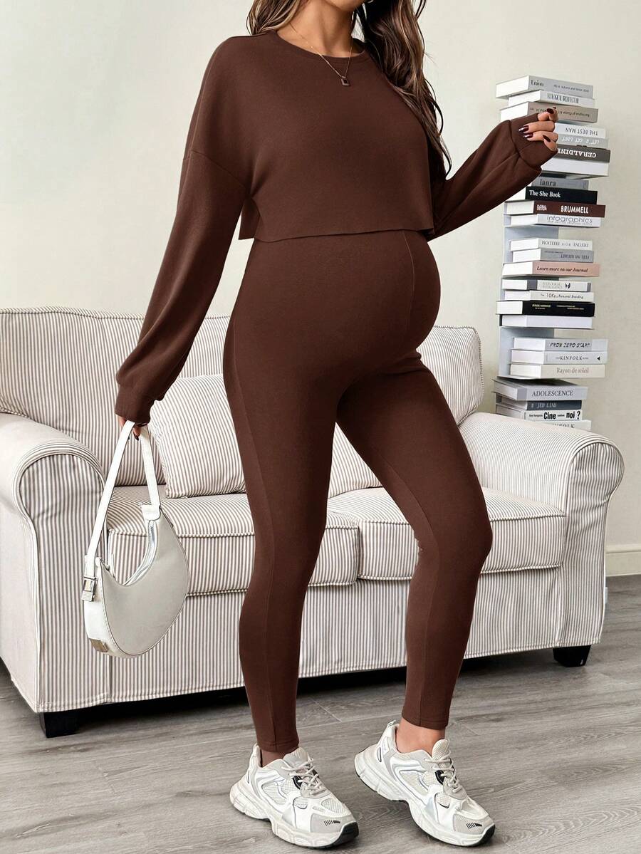 Maternity 2 Piece Set - Solid Color Drop Shoulder Long Sleeve Tee and Jumpsuit Casual, Black