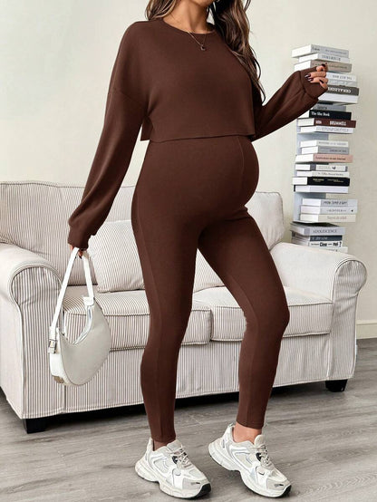 Maternity 2 Piece Set - Solid Color Drop Shoulder Long Sleeve Tee and Jumpsuit Casual, Black