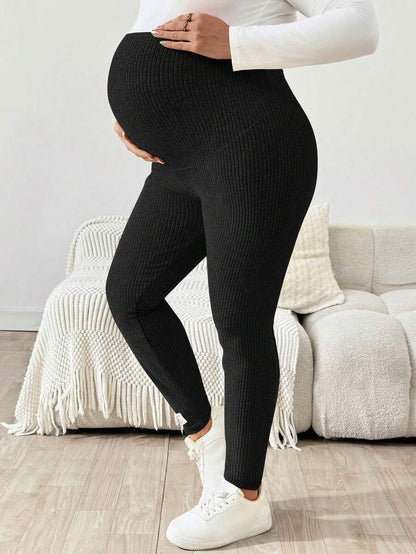 Plus Size Ribbed Knit Ultra High Waist Maternity Leggings - Slim Fit Office Commute Pants