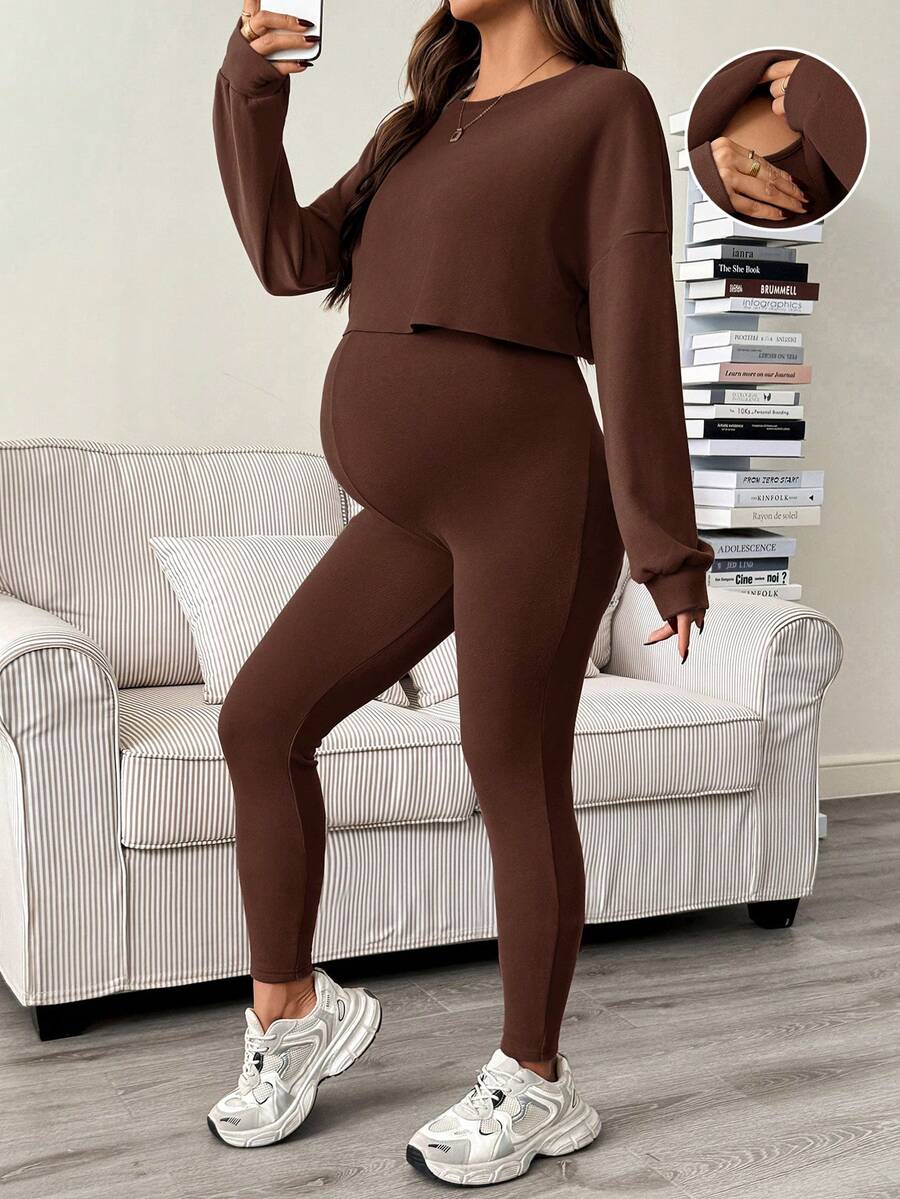 Maternity 2 Piece Set - Solid Color Drop Shoulder Long Sleeve Tee and Jumpsuit Casual, Black