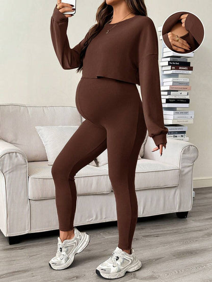 Maternity 2 Piece Set - Solid Color Drop Shoulder Long Sleeve Tee and Jumpsuit Casual, Black