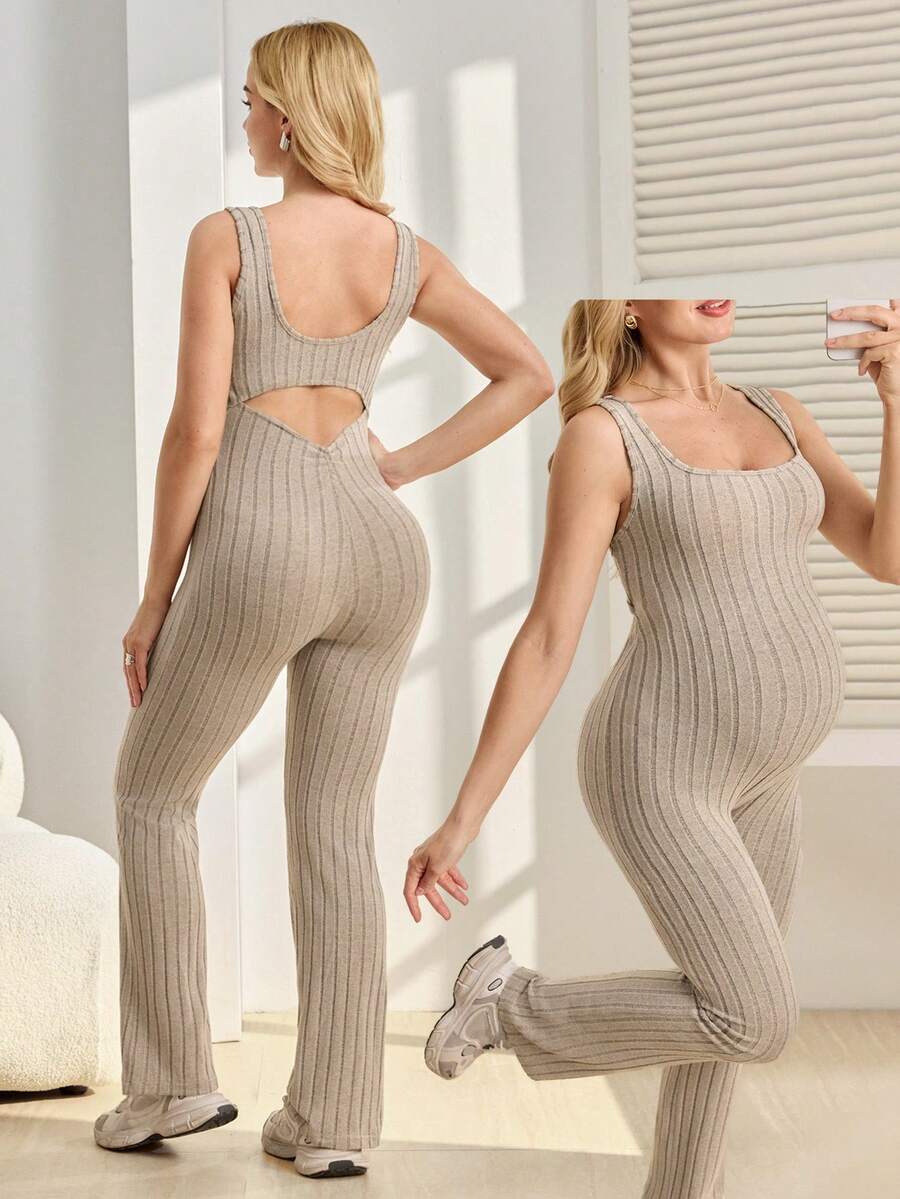 Apricot Maternity Square Neck Unitard Romper - Sleeveless High Stretch Knitted Skinny Fit Cropped Jumpsuit for Home and Casual Wear