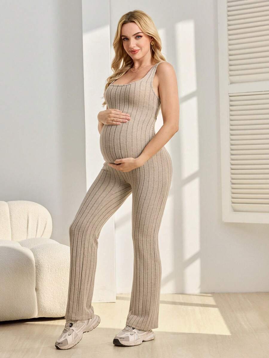 Apricot Maternity Square Neck Unitard Romper - Sleeveless High Stretch Knitted Skinny Fit Cropped Jumpsuit for Home and Casual Wear