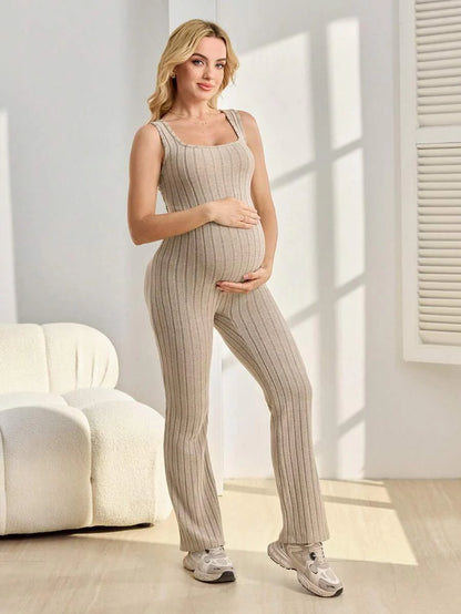 Apricot Maternity Square Neck Unitard Romper - Sleeveless High Stretch Knitted Skinny Fit Cropped Jumpsuit for Home and Casual Wear