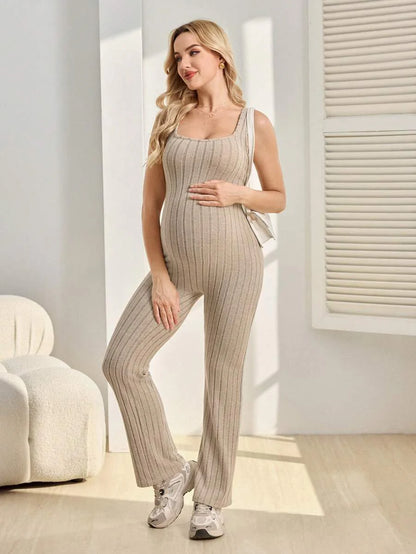 Apricot Maternity Square Neck Unitard Romper - Sleeveless High Stretch Knitted Skinny Fit Cropped Jumpsuit for Home and Casual Wear
