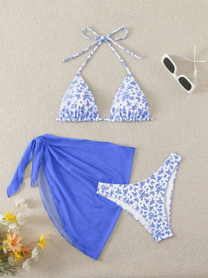 Women's 3-Piece Shell Print Bikini Set - V-Neck Halter, Triangle, Side Tie Skirt, Multicolor