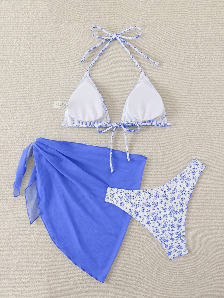 Women's 3-Piece Shell Print Bikini Set - V-Neck Halter, Triangle, Side Tie Skirt, Multicolor