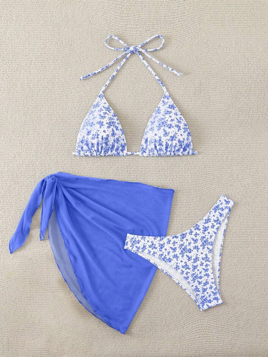 Women's 3-Piece Shell Print Bikini Set - V-Neck Halter, Triangle, Side Tie Skirt, Multicolor