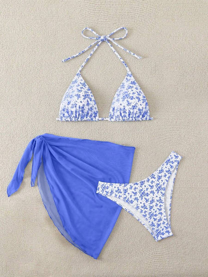Women's 3-Piece Shell Print Bikini Set - V-Neck Halter, Triangle, Side Tie Skirt, Multicolor