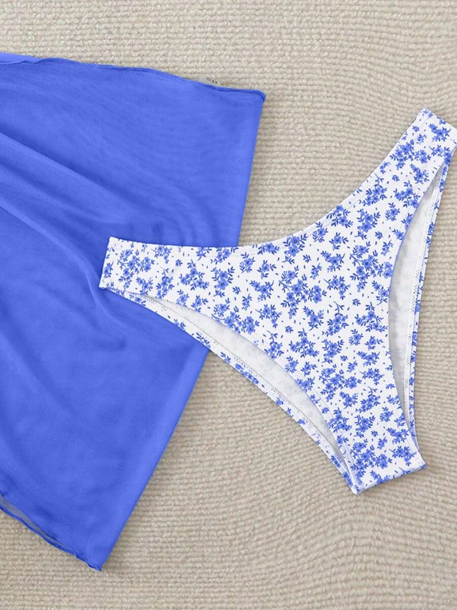 Women's 3-Piece Shell Print Bikini Set - V-Neck Halter, Triangle, Side Tie Skirt, Multicolor