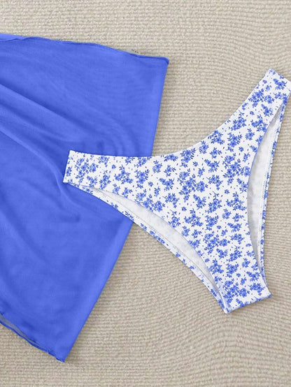 Women's 3-Piece Shell Print Bikini Set - V-Neck Halter, Triangle, Side Tie Skirt, Multicolor