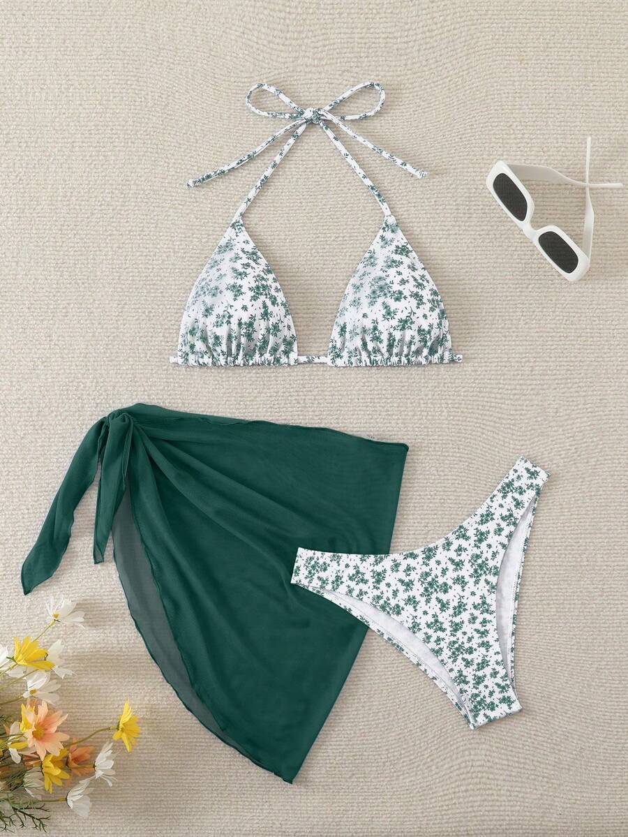 Women's 3-Piece Shell Print Bikini Set - V-Neck Halter, Triangle, Side Tie Skirt, Multicolor