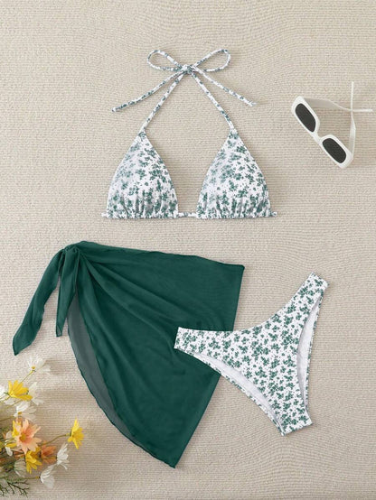 Women's 3-Piece Shell Print Bikini Set - V-Neck Halter, Triangle, Side Tie Skirt, Multicolor