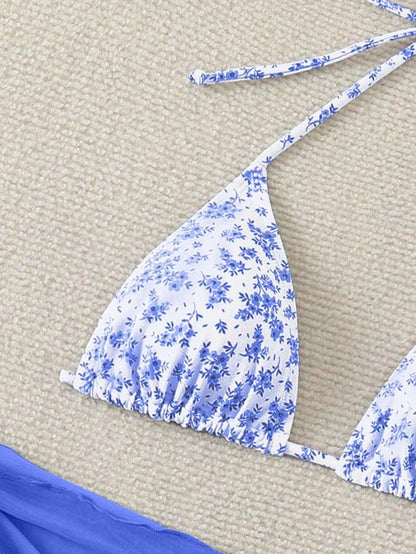 Women's 3-Piece Shell Print Bikini Set - V-Neck Halter, Triangle, Side Tie Skirt, Multicolor