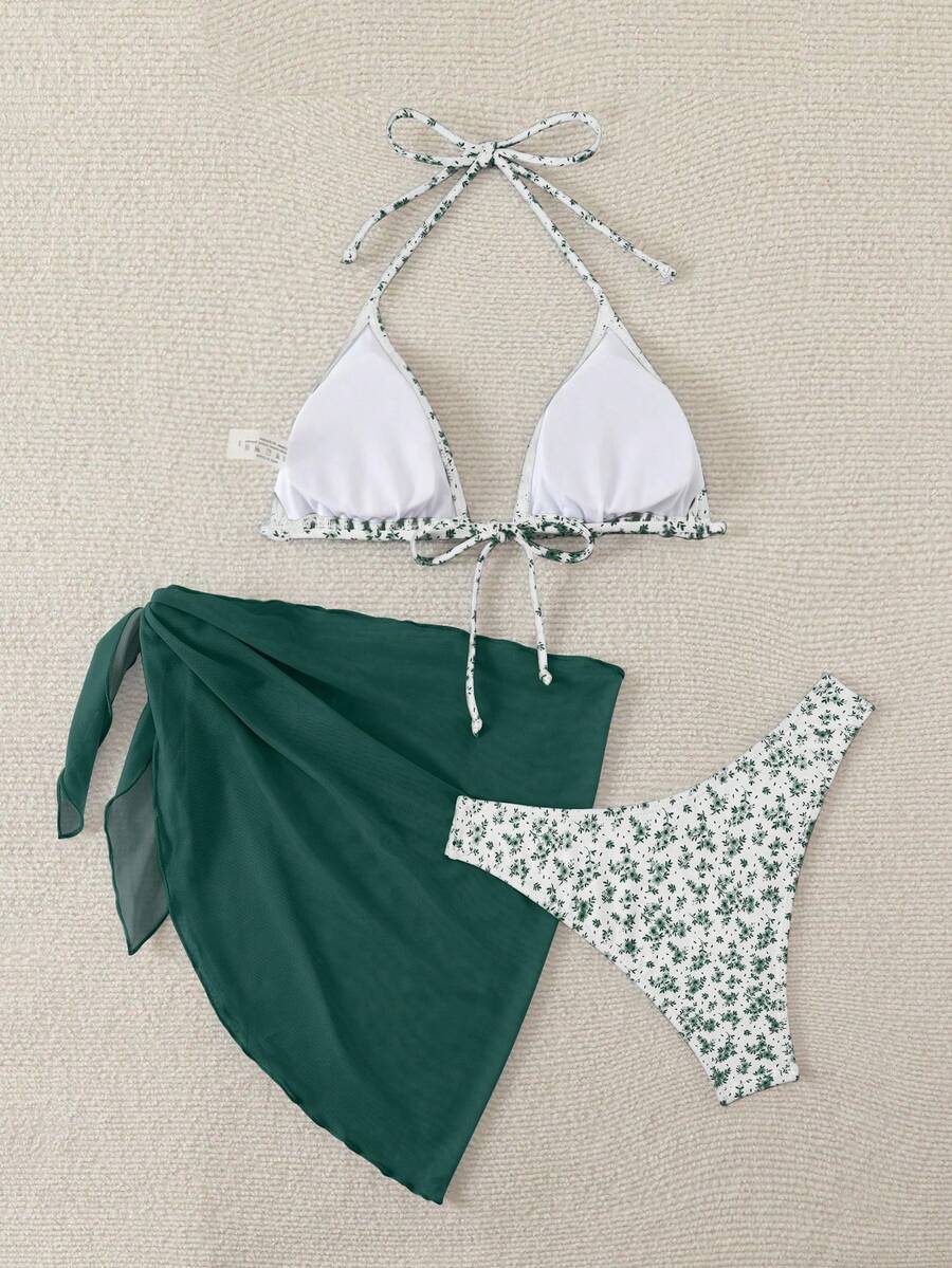 Women's 3-Piece Shell Print Bikini Set - V-Neck Halter, Triangle, Side Tie Skirt, Multicolor