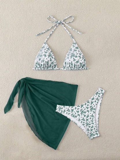 Women's 3-Piece Shell Print Bikini Set - V-Neck Halter, Triangle, Side Tie Skirt, Multicolor