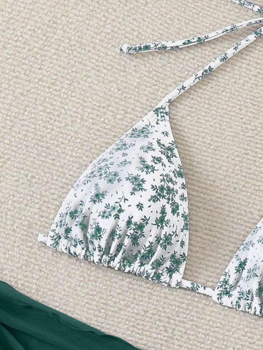 Women's 3-Piece Shell Print Bikini Set - V-Neck Halter, Triangle, Side Tie Skirt, Multicolor