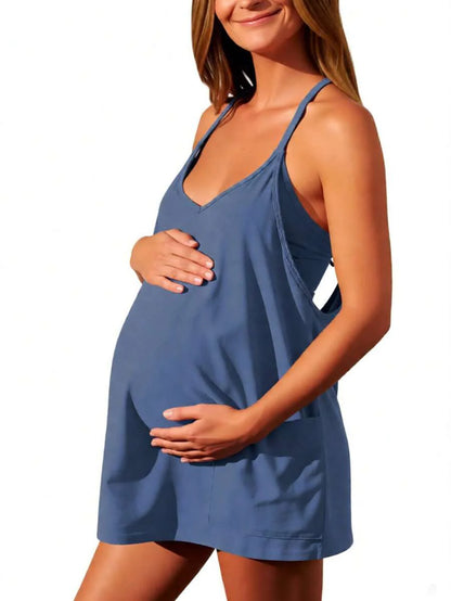 Maternity Womens Athletic Sleeveless Mini Dress Hot Shot Casual Dresses Spaghetti Strap Nursing Dresses Built In Shorts