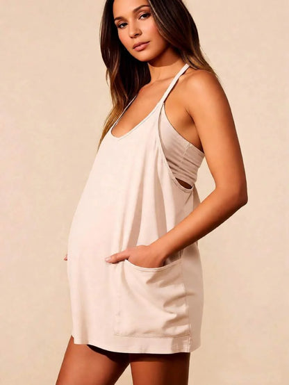 Maternity Womens Athletic Sleeveless Mini Dress Hot Shot Casual Dresses Spaghetti Strap Nursing Dresses Built In Shorts