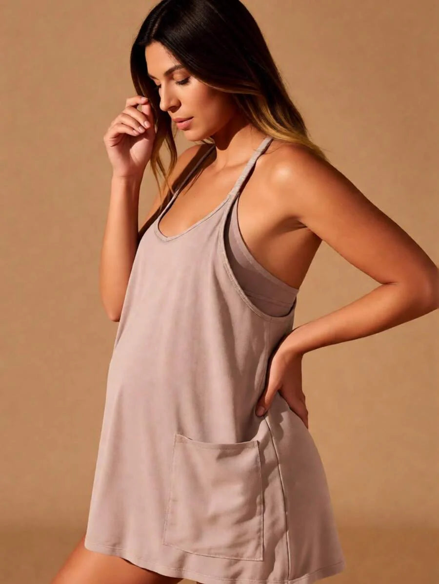 Maternity Womens Athletic Sleeveless Mini Dress Hot Shot Casual Dresses Spaghetti Strap Nursing Dresses Built In Shorts
