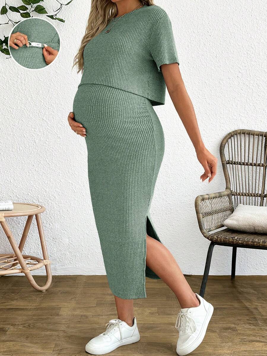 Maternity 2 Piece Set - Solid Color Short Sleeve Top and Skirt Summer Casual, Pregnancy Loungewear