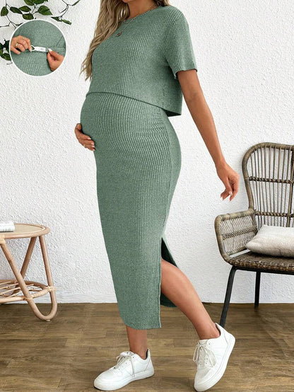 Maternity 2-Piece Set - Round Neck Crop Tee & Split Long Skirt, Apricot