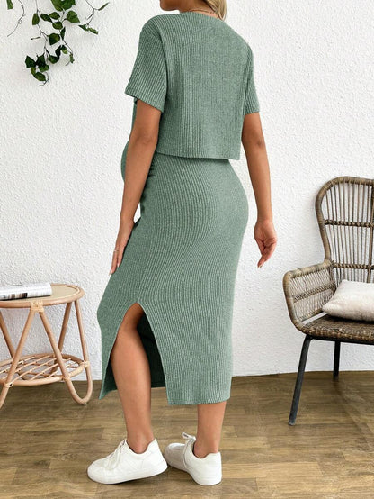 Maternity 2-Piece Set - Round Neck Crop Tee & Split Long Skirt, Apricot