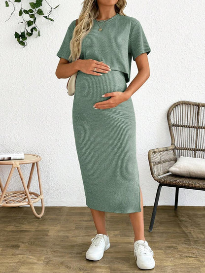 Maternity 2-Piece Set - Round Neck Crop Tee & Split Long Skirt, Apricot