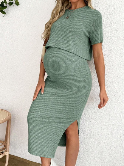 Maternity 2-Piece Set - Round Neck Crop Tee & Split Long Skirt, Apricot