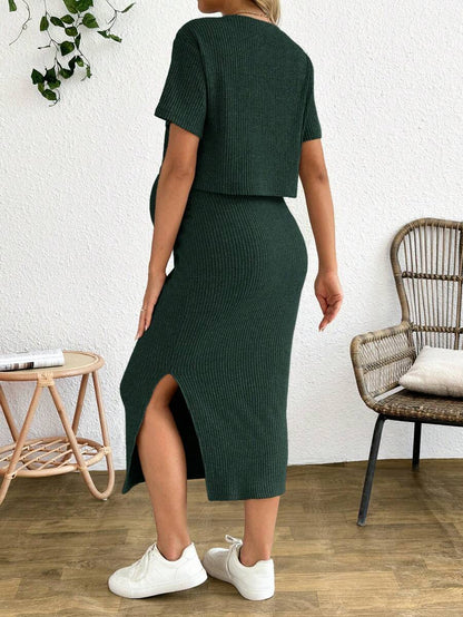 Maternity 2 Piece Set - Solid Color Short Sleeve Top and Skirt Summer Casual, Pregnancy Loungewear